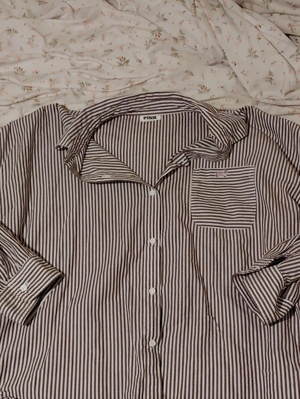 PINK Victoria's Secret Brown & White Striped Button-Down Shirt